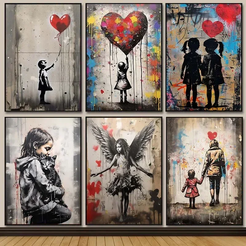 Resin Art On Canvas - Banksy graffiti menino menina com balão